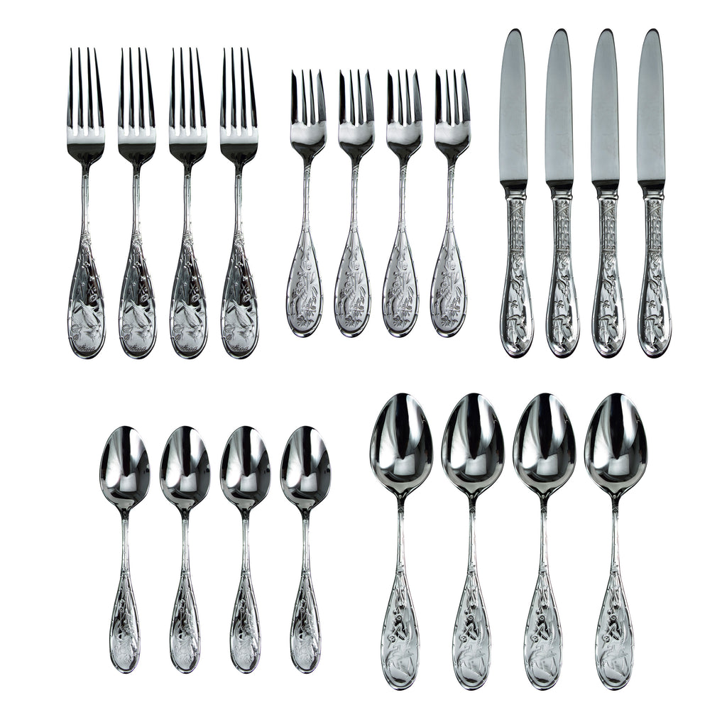 Japanese Bird Mirrored 18/10 Stainless Steel 20 Piece Flatware Set, Service For 4 Ricci Argentieri 18/10 Stainless Steel, 20 Piece Flatware Set, Japanese Bird, MIRROR FINISH, Mirrored, Mirrored Flatware Set, Mirrored Stainless, Ricci Flatware, Ricci Flatware Pattern, Ricci Japanese Bird, Silverware, Stainless, Stainless Steel, Stainless Steel Cutlery, Stainless Steel Flatware, Utensils