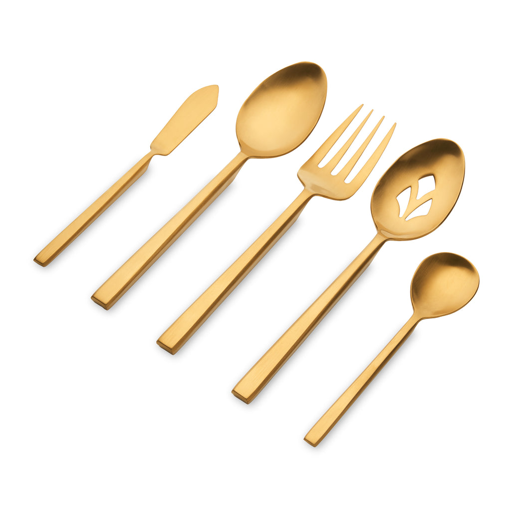Hover Matte Gold 18/10 Stainless Steel 5 Piece Hostess Set Ricci Argentieri 18/10 Stainless Steel, 5 Piece Flatware Set, Gold, Gold Flatware, Hover, Matte, Ricci Flatware, Ricci Flatware Pattern, Ricci Hover, Silverware, Stainless, Stainless Steel, Stainless Steel Flatware, Utensils