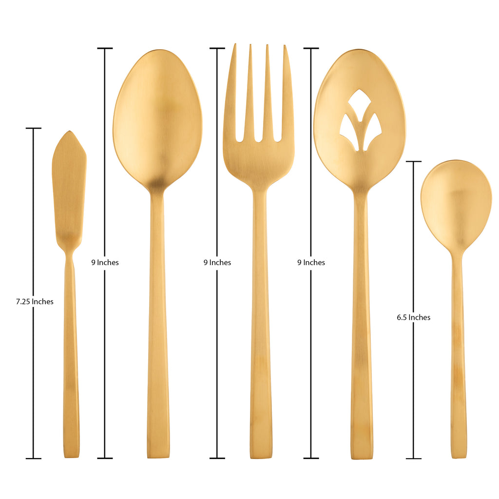 Hover Matte Gold 18/10 Stainless Steel 5 Piece Hostess Set Ricci Argentieri 18/10 Stainless Steel, 5 Piece Flatware Set, Gold, Gold Flatware, Hover, Matte, Ricci Flatware, Ricci Flatware Pattern, Ricci Hover, Silverware, Stainless, Stainless Steel, Stainless Steel Flatware, Utensils