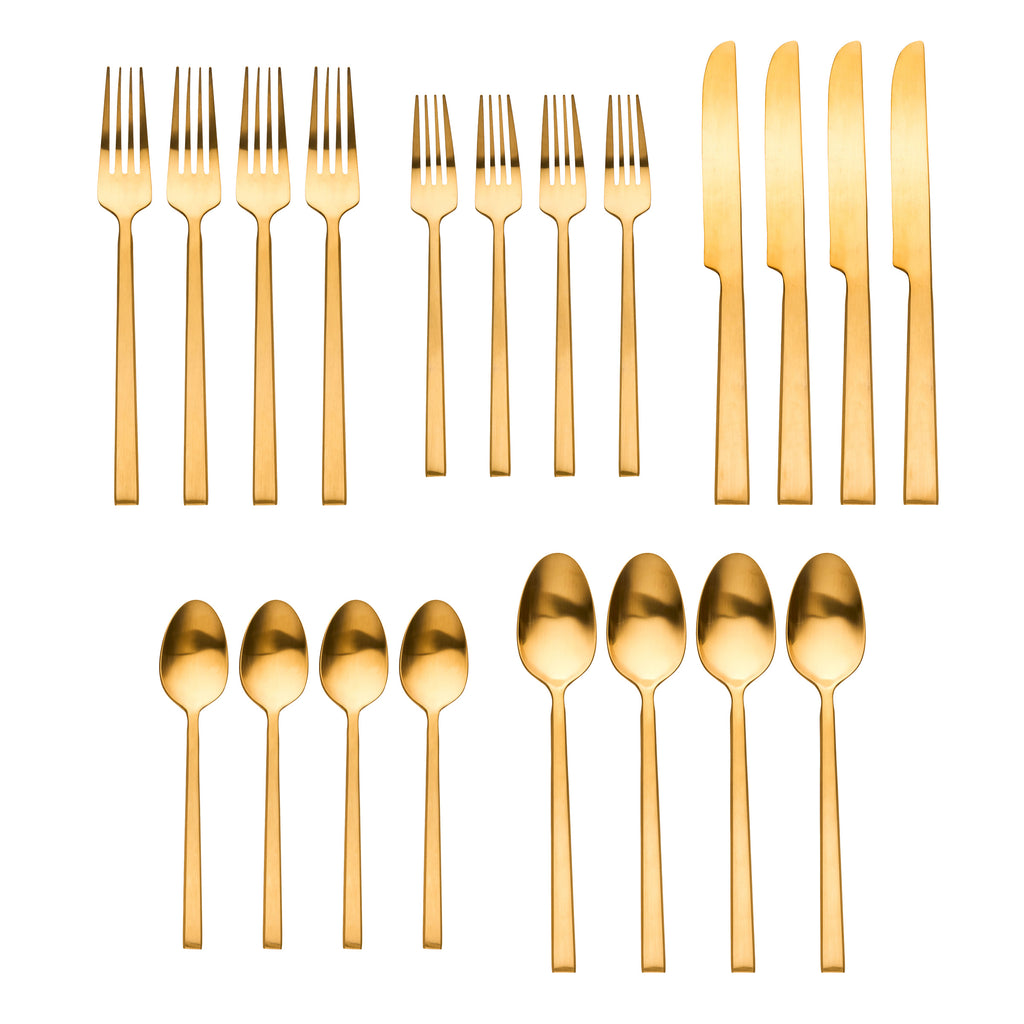 Hover Matte Gold 18/10 Stainless Steel 20 Piece Flatware Set, Service For 4 Ricci Argentieri 18/10 Stainless Steel, 20 Piece Flatware Set, Gold, Gold Flatware, Hover, Matte, Ricci Flatware, Ricci Flatware Pattern, Ricci Hover, Silverware, Stainless, Stainless Steel, Stainless Steel Flatware, Utensils