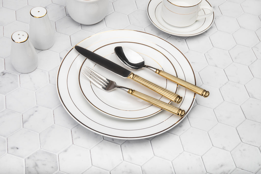 Colonnade Gold 18/10 Stainless Steel 20 Piece Flatware Set, Service for 4 Ricci Argentieri 18/10 Stainless Steel, 20, 20 Piece Flatware Set, Colonnade, Gold, Gold Flatware, Mirrored, Service For 4, Stainless, Stainless Steel