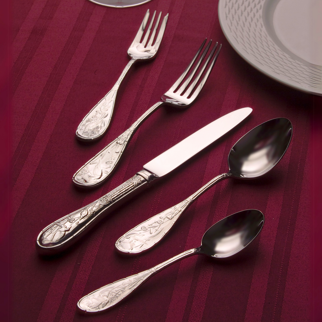 Japanese Bird Mirrored 18/10 Stainless Steel 20 Piece Flatware Set, Service For 4 Ricci Argentieri 18/10 Stainless Steel, 20 Piece Flatware Set, Japanese Bird, MIRROR FINISH, Mirrored, Mirrored Flatware Set, Mirrored Stainless, Ricci Flatware, Ricci Flatware Pattern, Ricci Japanese Bird, Silverware, Stainless, Stainless Steel, Stainless Steel Cutlery, Stainless Steel Flatware, Utensils