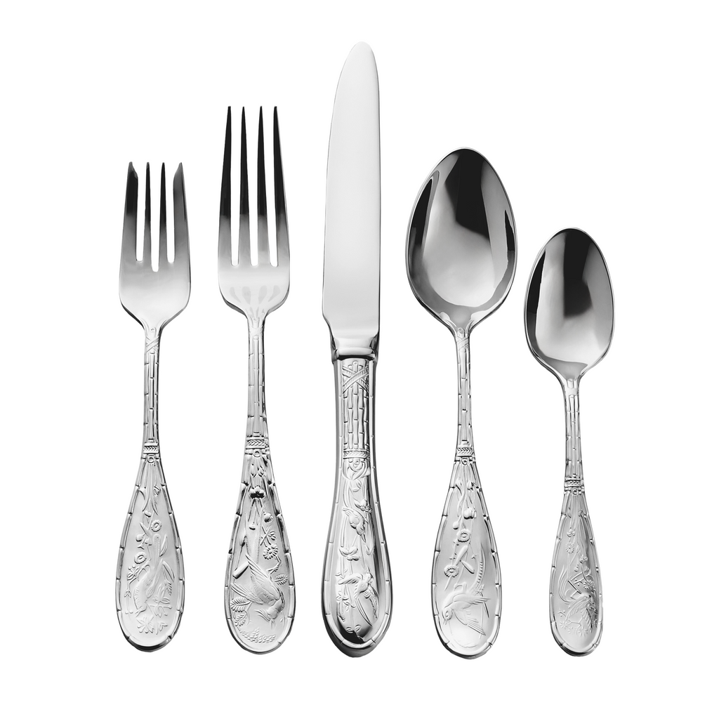 Japanese Bird Mirrored 18/10 Stainless Steel 5 Piece Flatware Set, Service for 1 Ricci Argentieri 18/10 Stainless Steel, 5 Piece Flatware Set, Japanese Bird, Mirrored, Mirrored Flatware Set, Mirrored Stainless, Ricci Flatware, Ricci Flatware Pattern, Ricci Japanese Bird, Silverware, Stainless, Stainless Steel, Stainless Steel Cutlery, Stainless Steel Flatware, Utensils