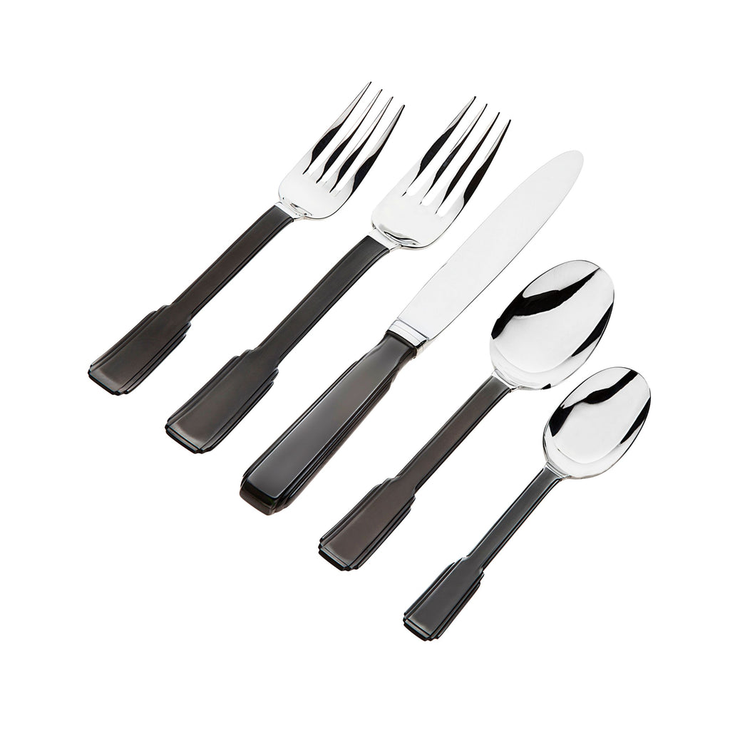 Art Deco Mirrored Accented Black 18/10 Stainless Steel 20 Piece Flatware Set, Service for 4 Ricci Argentieri 18/10 Stainless Steel, 20 Piece Flatware Set, Art Deco, Black, Flatware Set, Mirrored, Mirrored Flatware Set, Mirrored Stainless, Ricci Art Deco, Ricci Flatware, Ricci Flatware Pattern, Silverware, Stainless, Stainless Steel, Stainless Steel Cutlery, Stainless Steel Flatware, Utensils