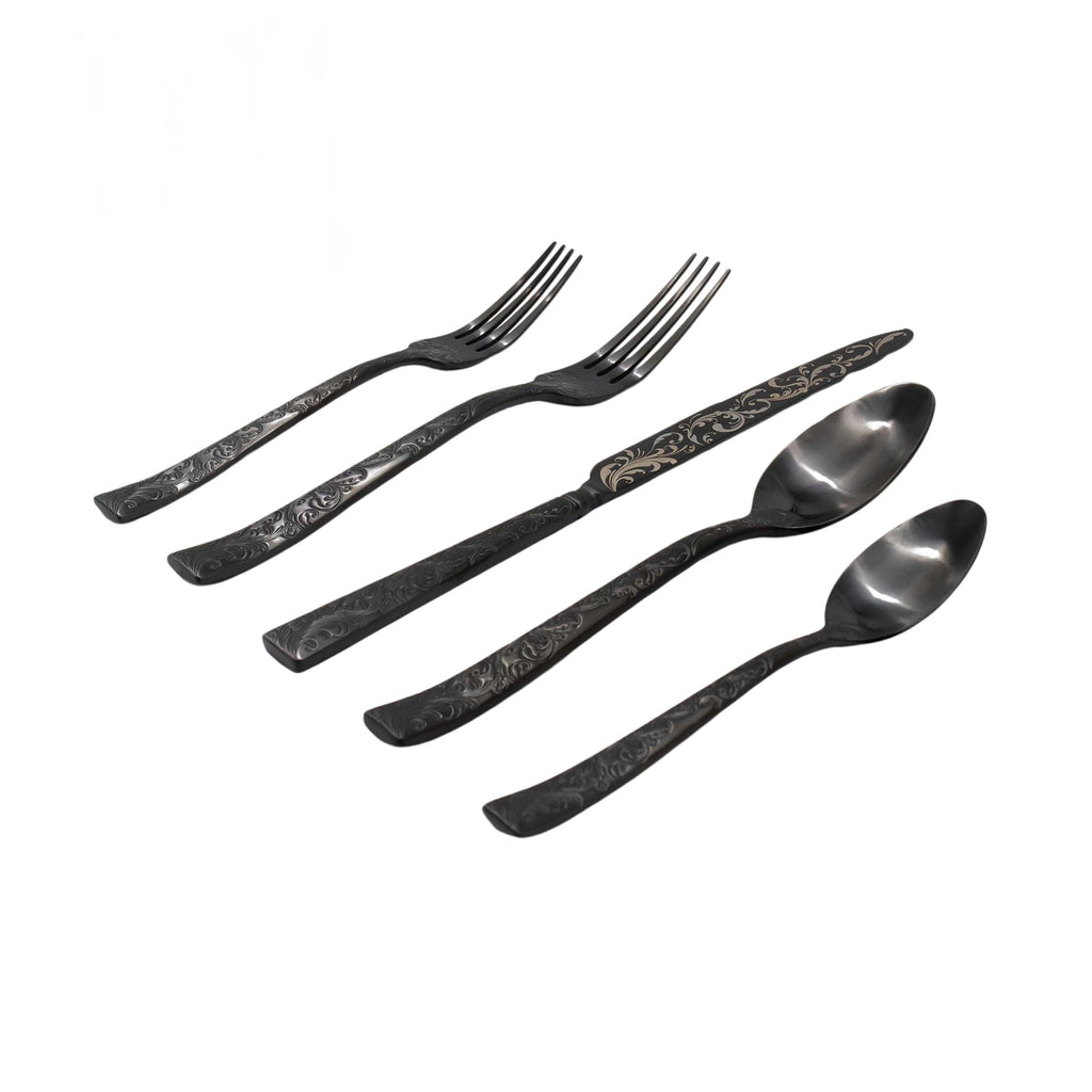 Parisian Garden Black 18/10 Stainless Steel 20 Piece Flatware Set, Service for 4 Ricci Argentieri 18/10 Stainless Steel, 20, 20 Piece Flatware Set, Black, Mirrored, Mirrored Stainless, Parisian Garden, Ricci Flatware, Ricci Flatware Pattern, Ricci Parisian Garden, Service For 4, Silverware, Stainless, Stainless Steel, Stainless Steel Flatware