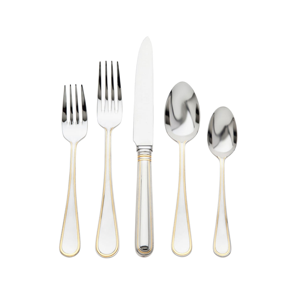 Ascot Mirrored Accented Gold 18/10 Stainless Steel 5 Piece Flatware Set, Service for 1 Ricci Argentieri 18/10 Stainless Steel, 5, 5 Piece Flatware Set, Ascot, Gold, Gold Flatware, MIRROR FINISH, Mirrored, Mirrored Flatware Set, Mirrored Stainless, Ricci Ascot, Ricci Flatware, Ricci Flatware Pattern, Silverware, Stainless, Stainless Steel, Utensils