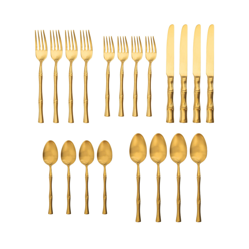 Bamboo Mirrored Gold 18/10 Stainless Steel 20 Piece Flatware Set, Service for 4 Ricci Argentieri 18/10 Stainless Steel, 20 Piece Flatware Set, Bamboo, Gold, Gold Flatware, Mirrored, Mirrored Stainless, Ricci Bamboo, Ricci Flatware, Ricci Flatware Pattern, Silverware, Stainless, Stainless Steel, Stainless Steel Cutlery, Stainless Steel Flatware, Utensils