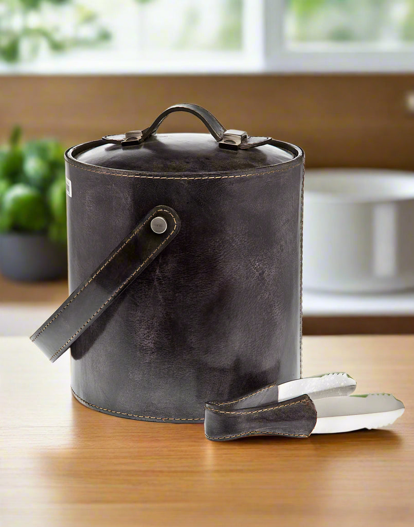Leather Ice Bucket with Tongs Ricci Argentieri 
